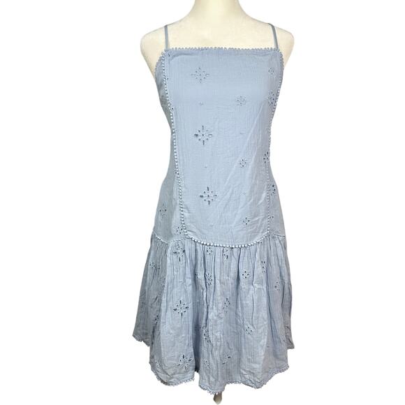 Aerie Blue Eyelet Sundress Size Large Spaghetti Strap Cotton Boho Dress - Picture 1 of 9